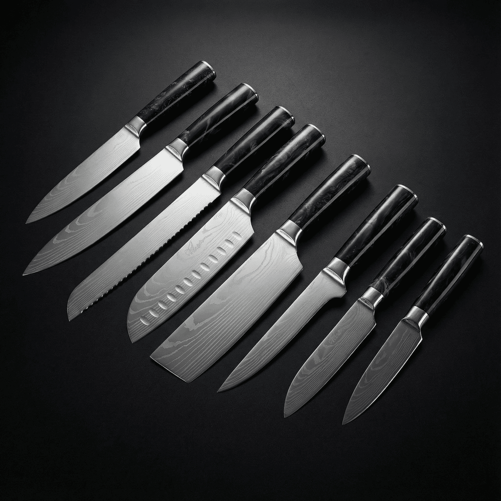 Damascus Knife Set | 8 Pieces | Onyx Epoxy Handles | Chemical-Free