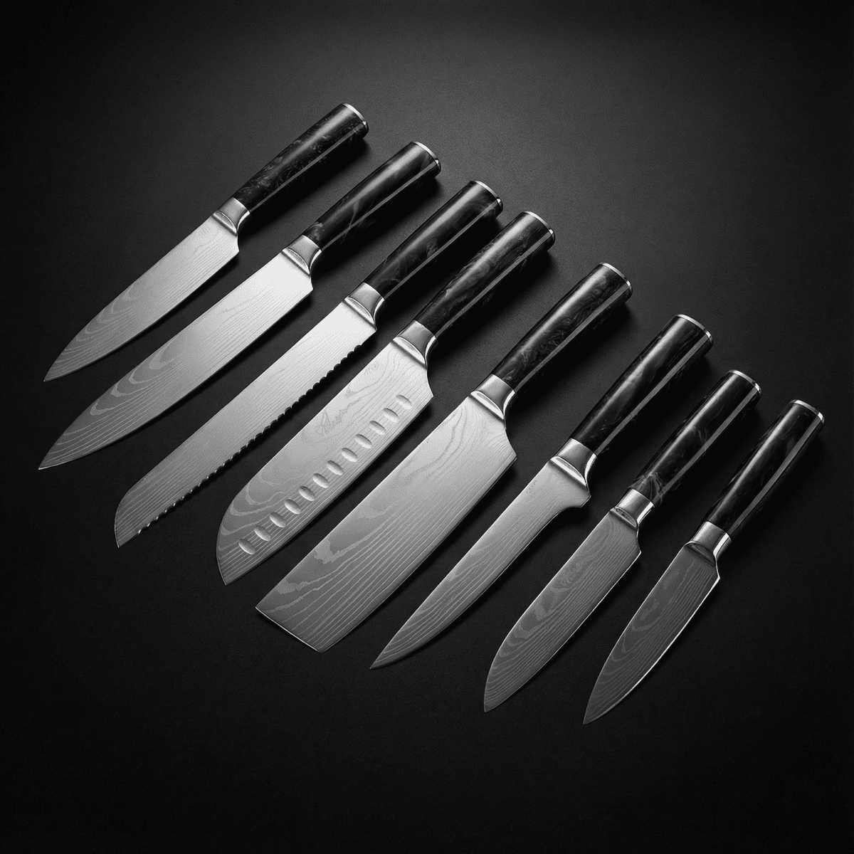 Damascus Knife Set | 8 Pieces | Onyx Epoxy Handles | Chemical-Free
