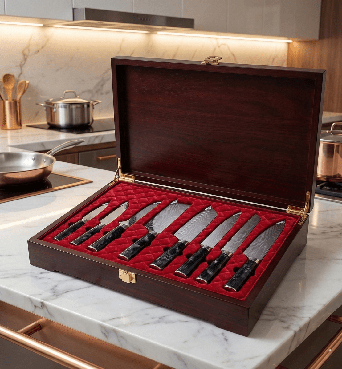 Damascus Knife Set | 8 Pieces | Onyx Epoxy Handles | Chemical-Free