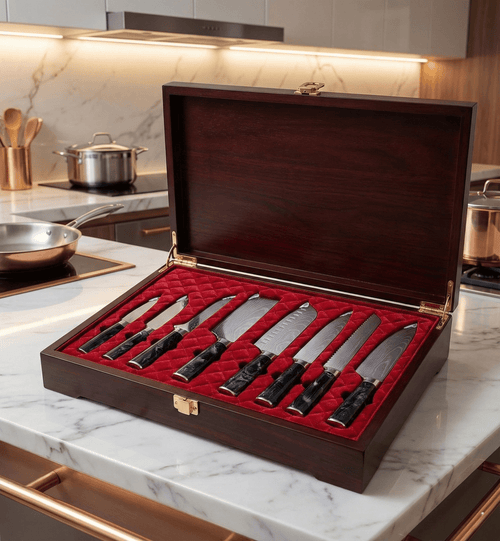 Damascus Knife Set | 8 Pieces | Onyx Epoxy Handles | Chemical-Free