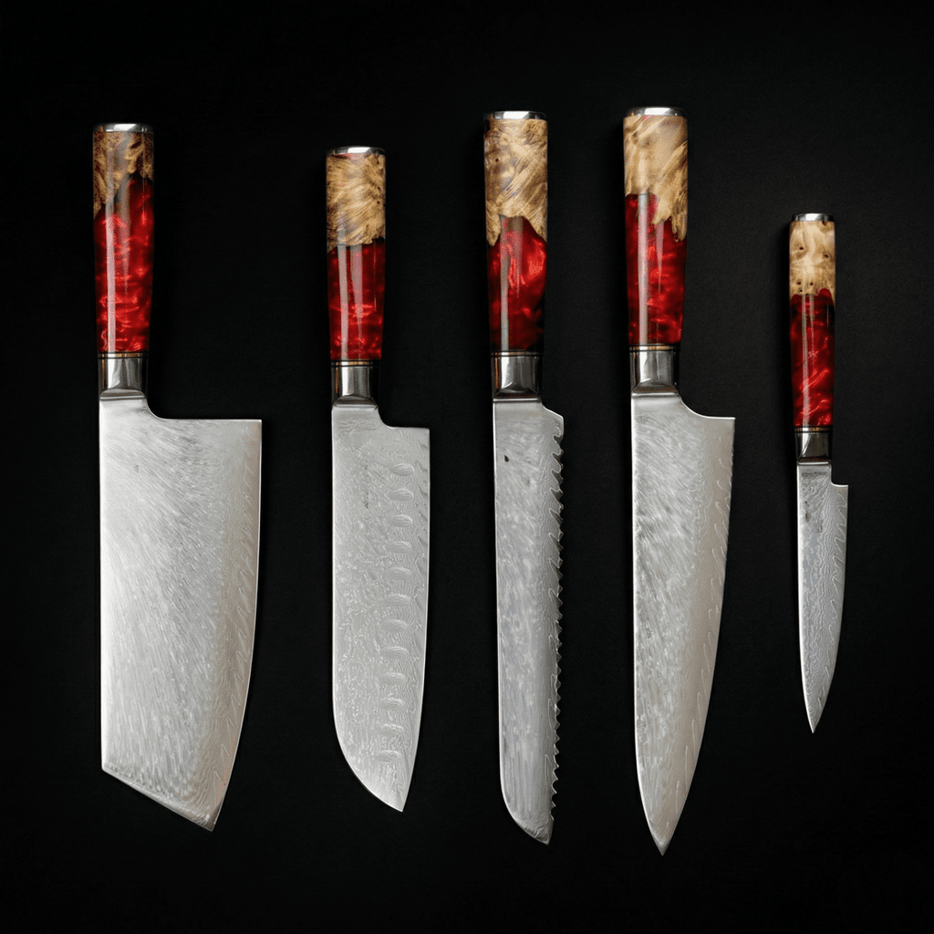 Damascus Knife Set | 5 Pieces | Wood & Resin Handles | Shinku