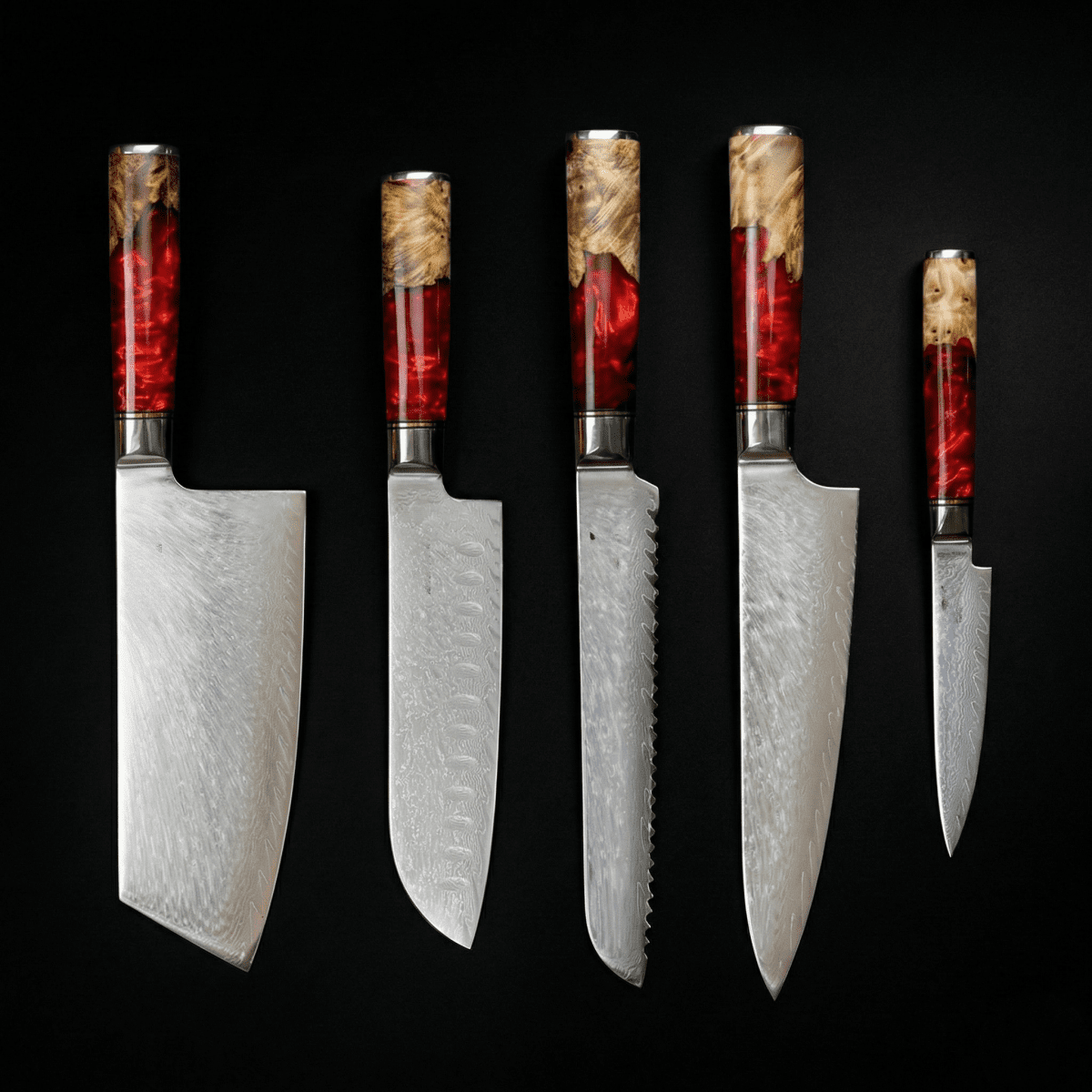 Damascus Knife Set | 5 Pieces | Wood & Resin Handles | Shinku