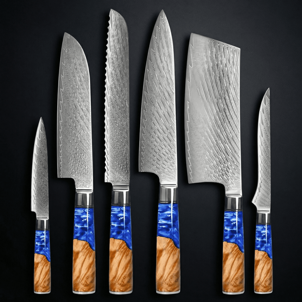 Damascus Knife Set | 6 Pieces | Chef Quality | Wood & Resin Handles