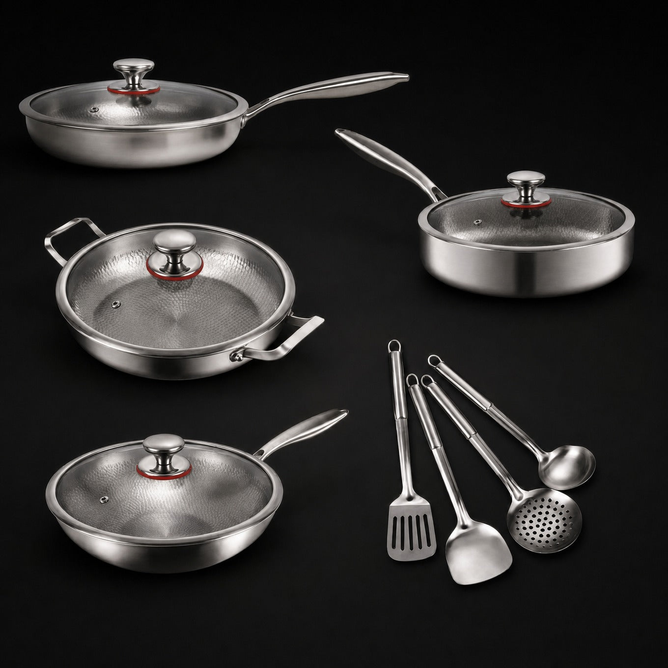 Titanium Cookware Set | 4 Pans & Utensils | Hand-Hammered | Induction Ready