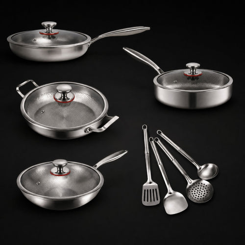 Titanium Cookware Set | 4 Pans & Utensils | Hand-Hammered | Induction Ready