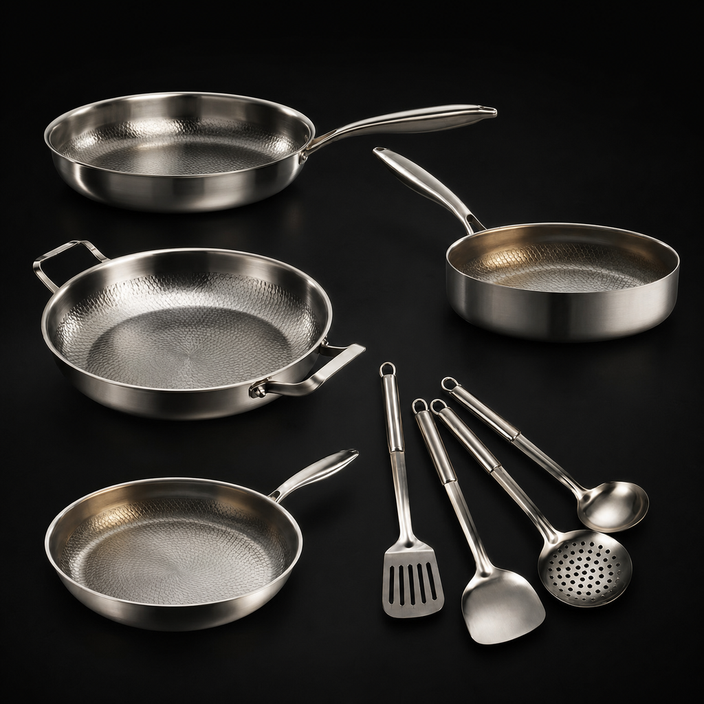 Titanium Cookware Set | 4 Pans & Utensils | Hand-Hammered | Induction Ready