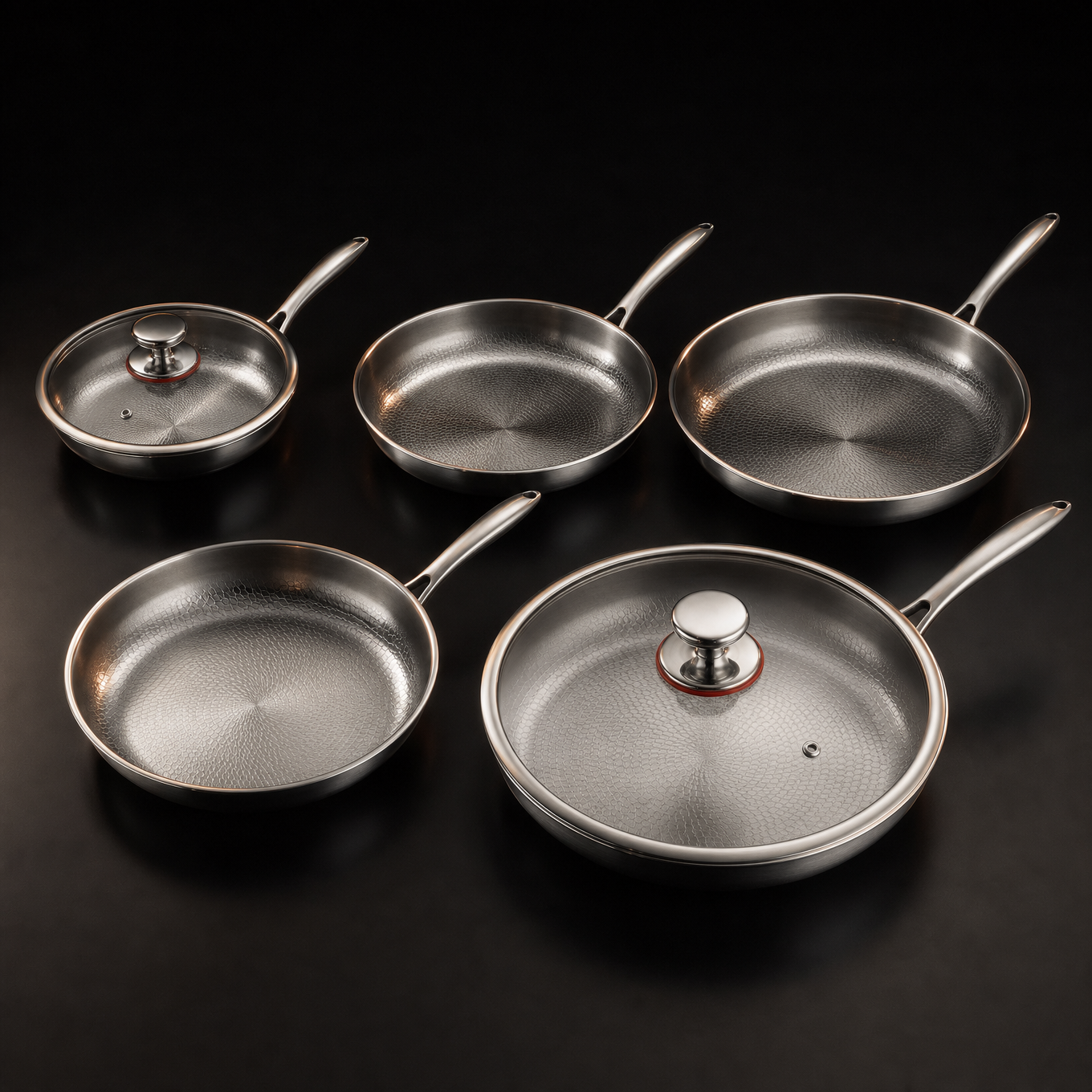 Titanium Frying Pan Bundle with 2 Lids 5 Sizes