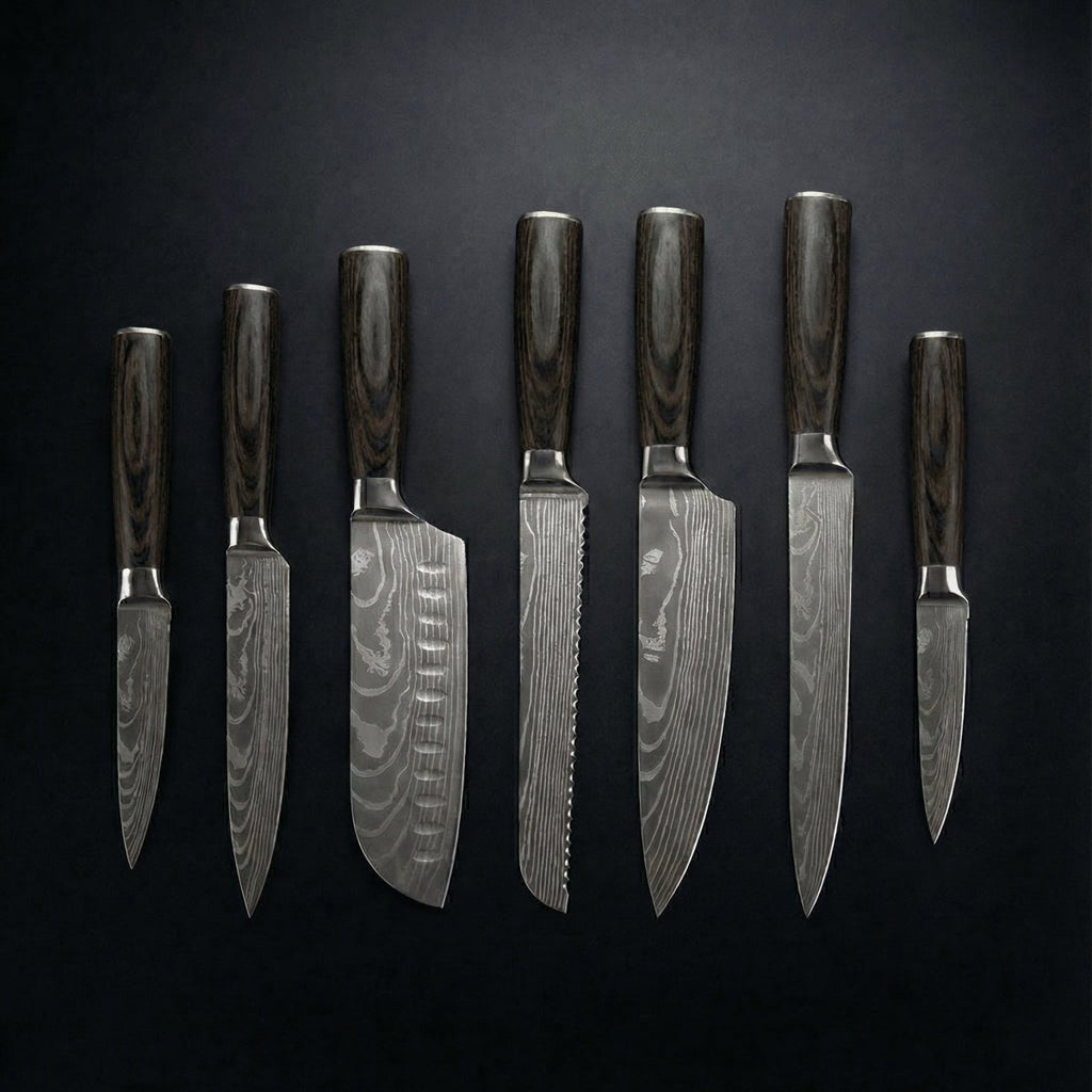 Knife Set | 7 Pieces | Layered Steel | Wooden Handles